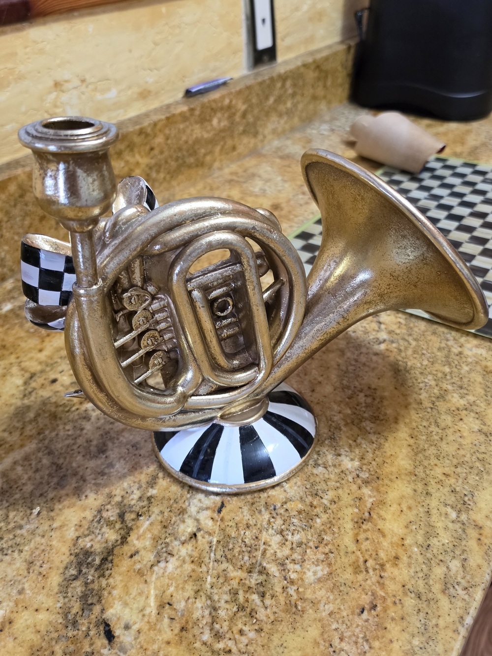 MacKenzie-Childs Gold French Horn Candle Holder with Black & White Check Accents
